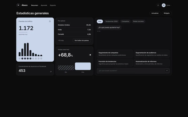 Captura del panel Ábaco: analítica web con copiloto