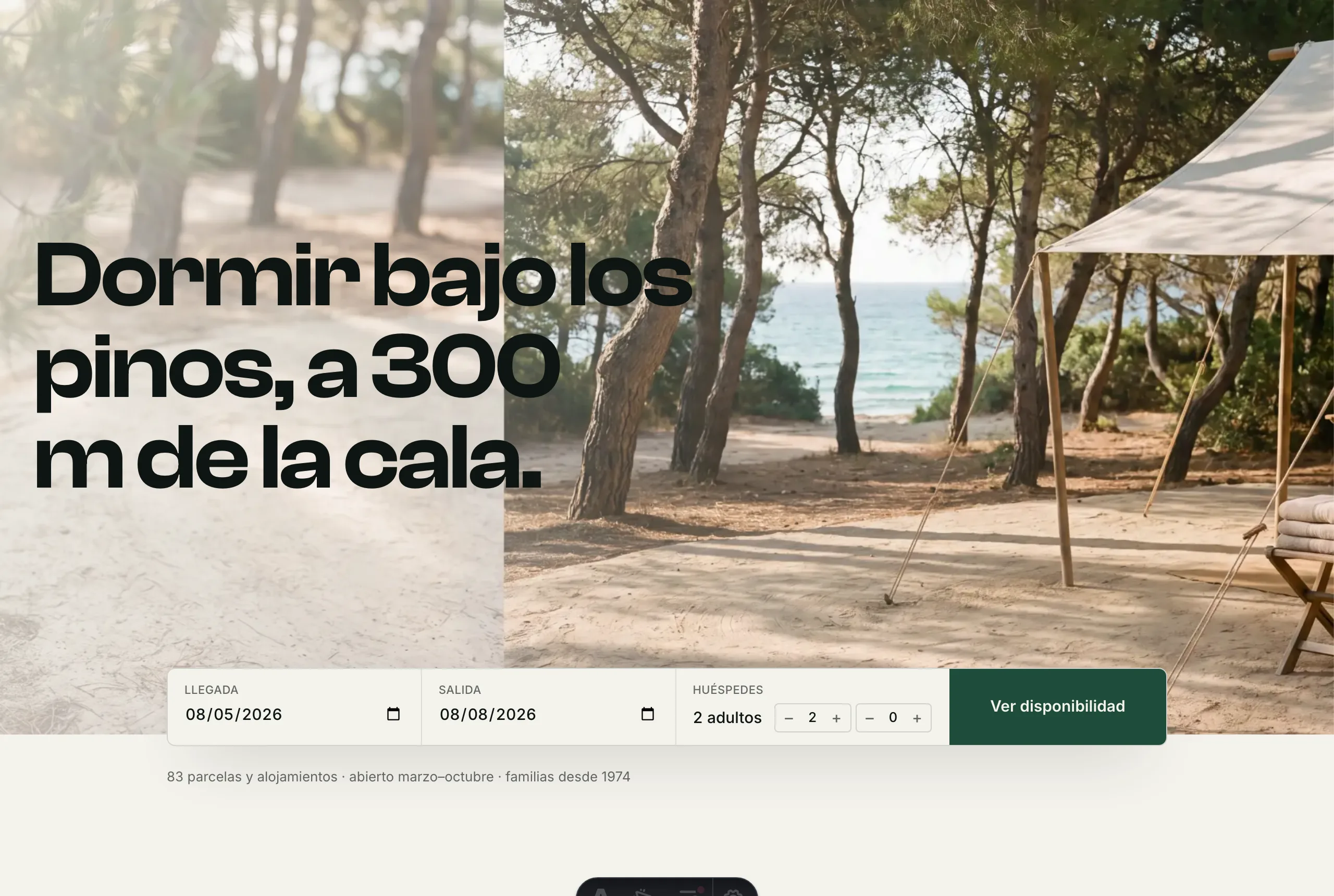 Web de demostración de un camping con buscador de llegada, salida y número de huéspedes