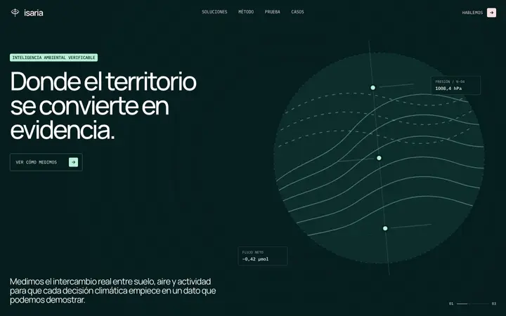 Tema Isaria, ejemplo de diseño web para sostenibilidad y climate tech