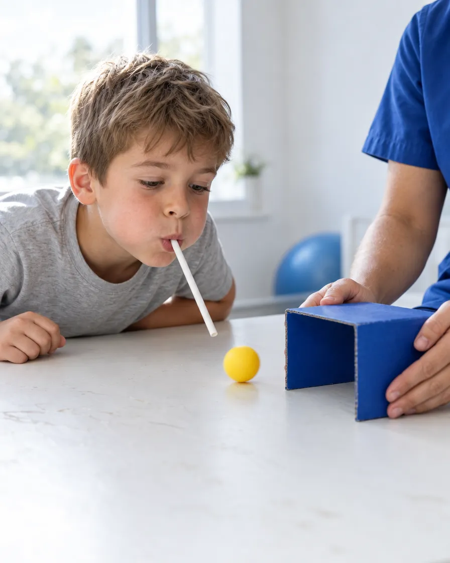 Un niño sopla con una pajita una pelota amarilla hacia una portería de cartón que sujeta la fisioterapeuta