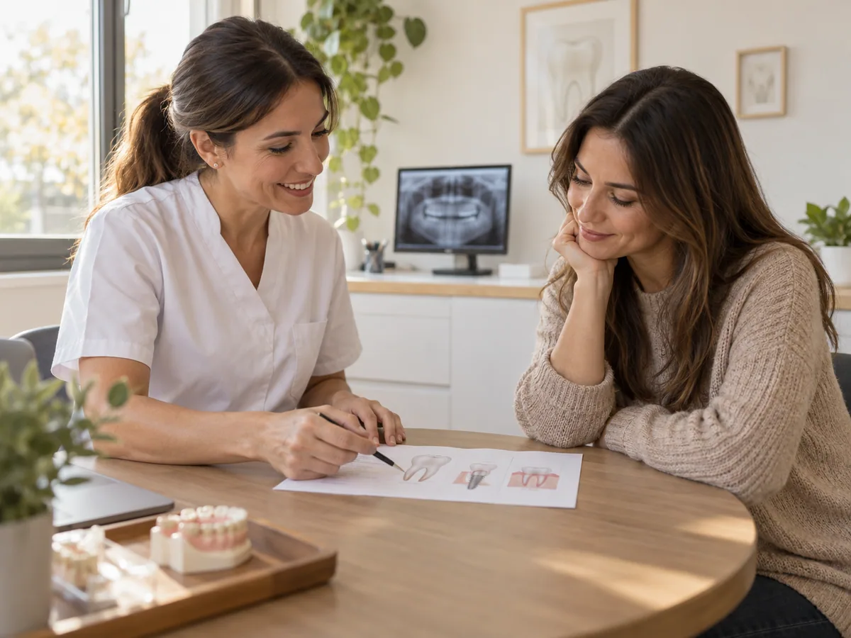 Dentista explica un plan de tratamiento a una paciente