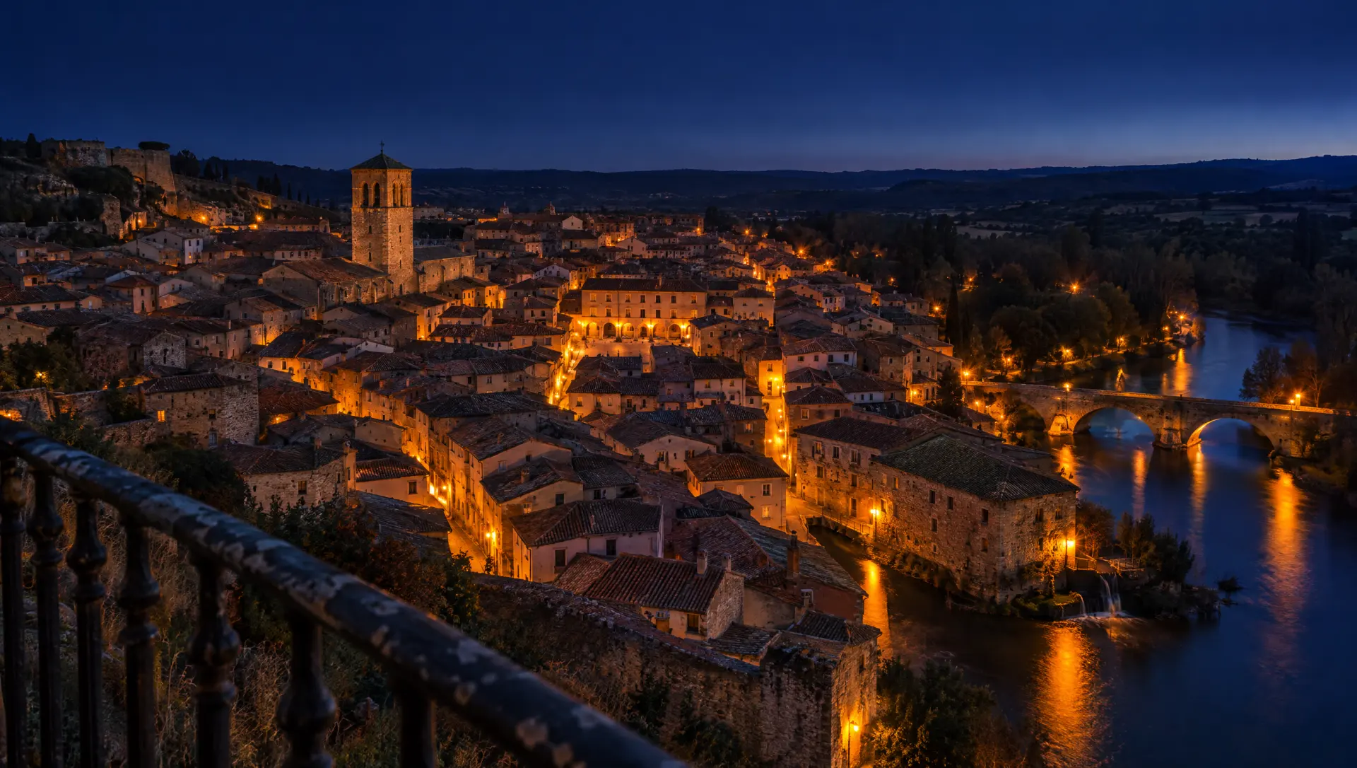 Vista nocturna del casco antiguo desde el mirador: tejados, campanario, calles iluminadas y el río con un puente