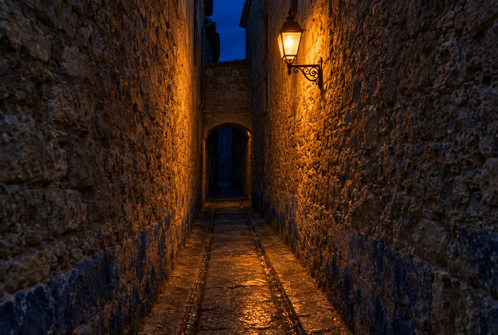Pasaje de piedra muy estrecho con un farol de brazo encendido y dos canales tallados en el suelo