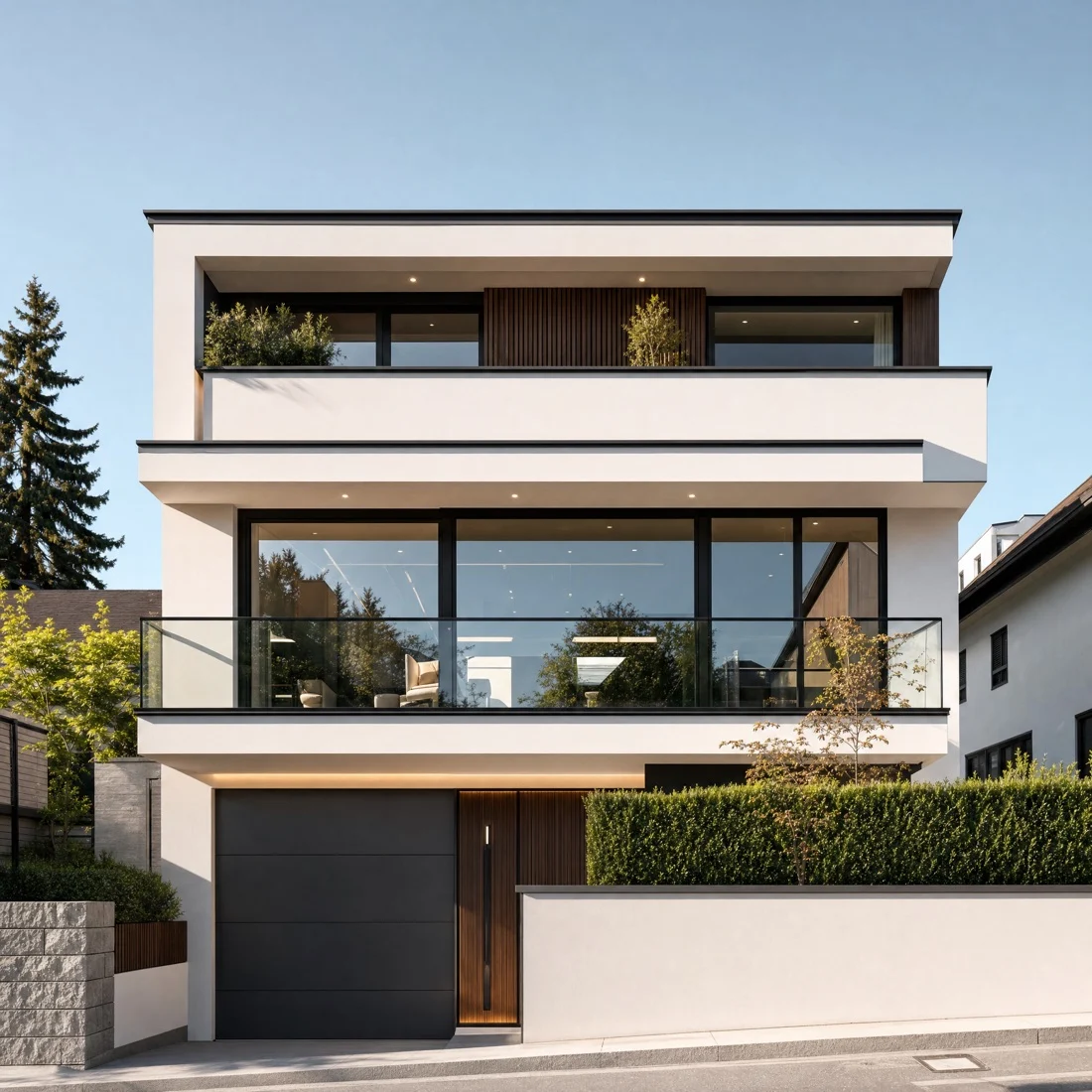 Residencia blanca rodeada de vegetación y luz natural