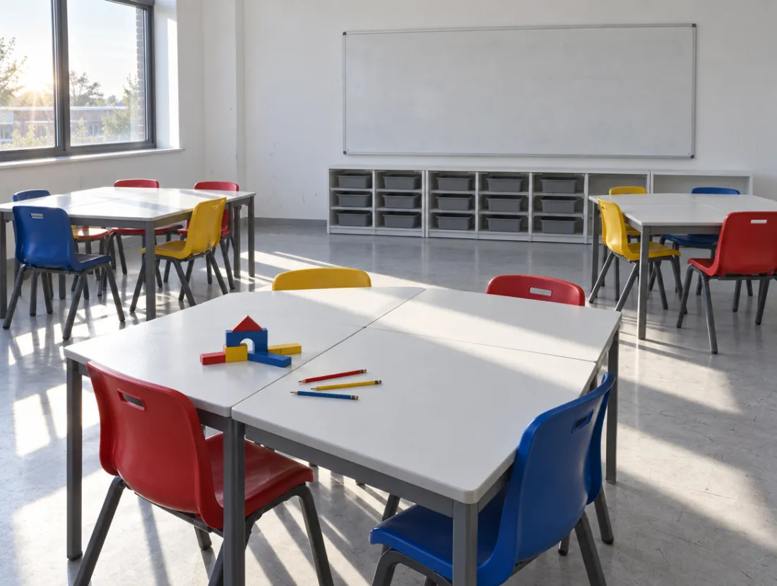 Aula vacía a primera hora: mesas blancas en grupos de cuatro y sillas rojas, azules y amarillas.