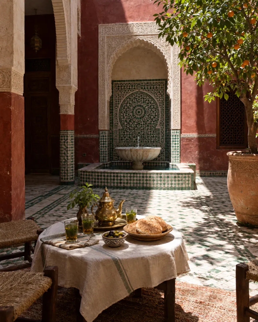 Patio de un riad con una mesa de desayuno, té con hierbabuena y una fuente de azulejos