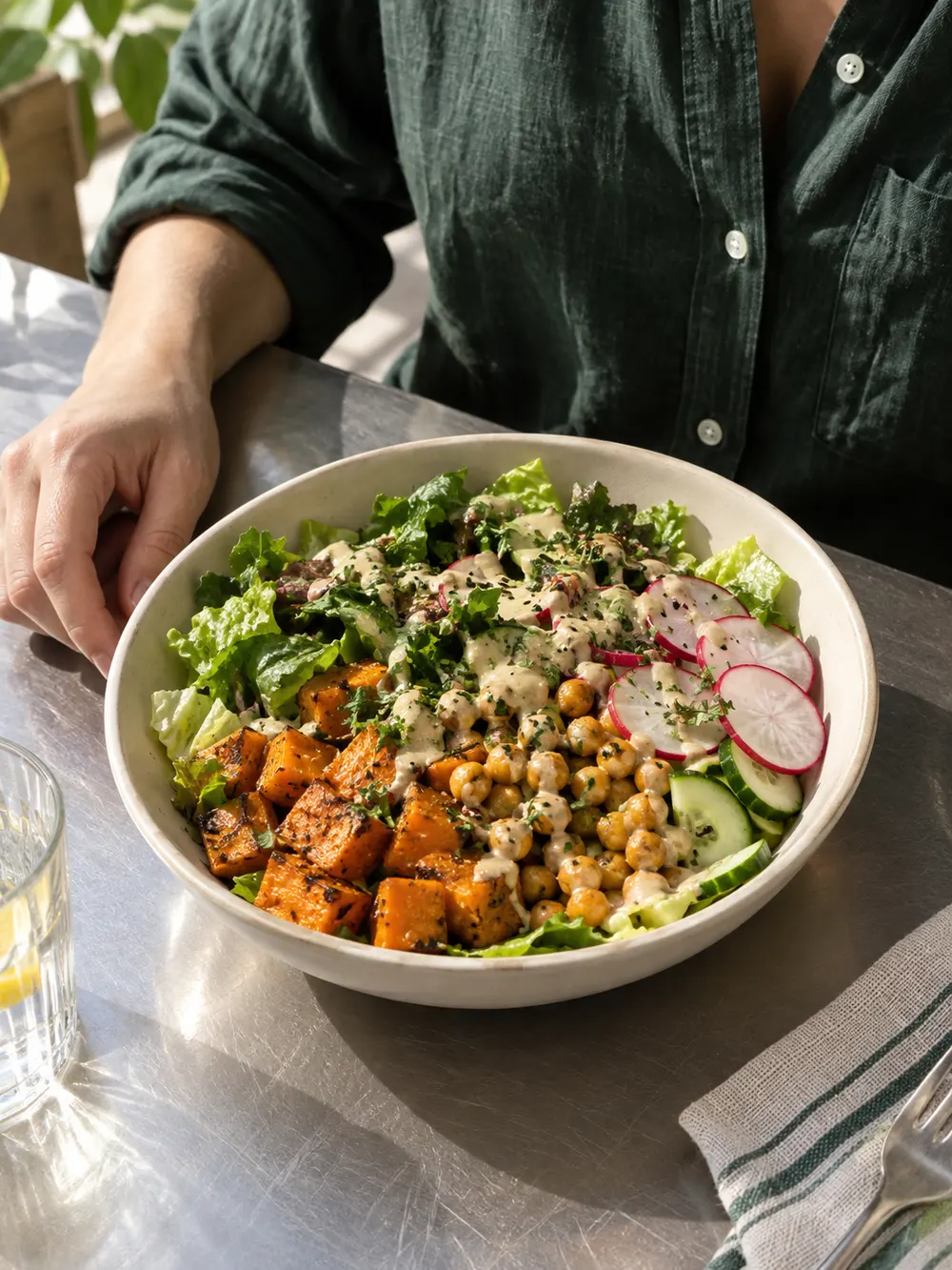 Ensalada de verduras asadas recién servida en una mesa de acero