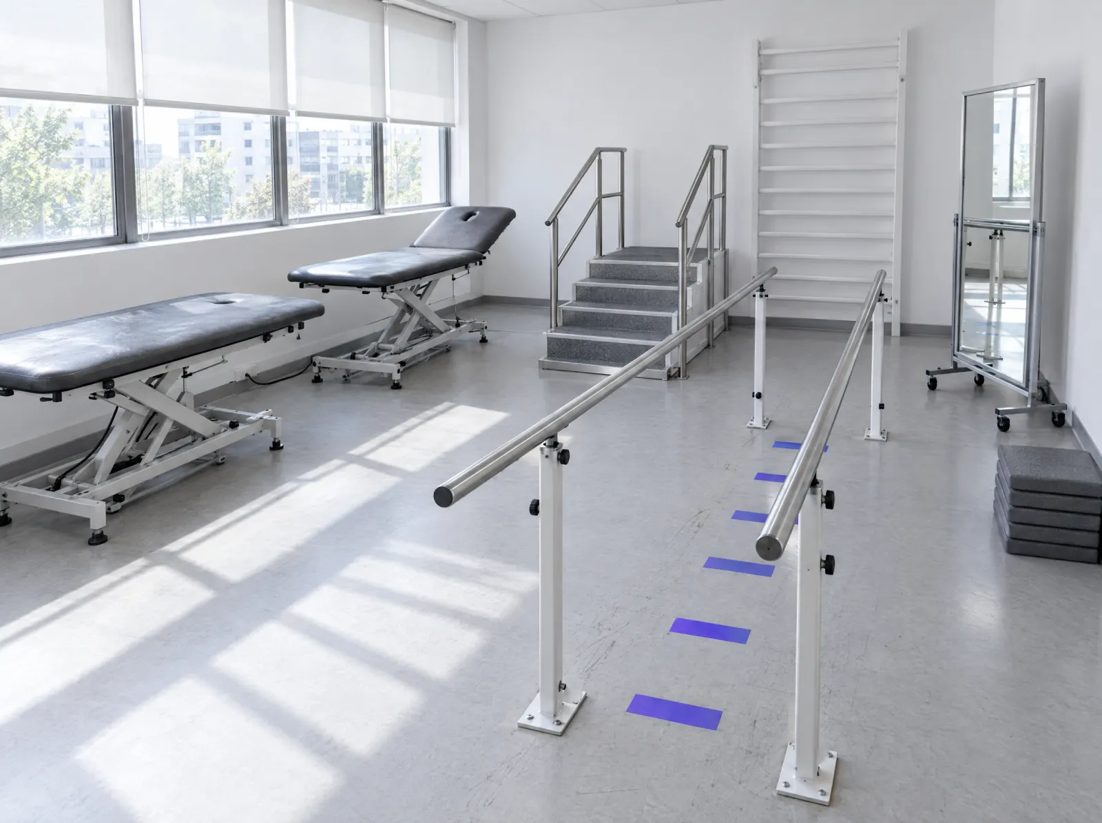 Sala de fisioterapia vacía con barras paralelas, marcas violetas en el suelo, una escalera de entrenamiento, dos camillas eléctricas y un espejo con ruedas