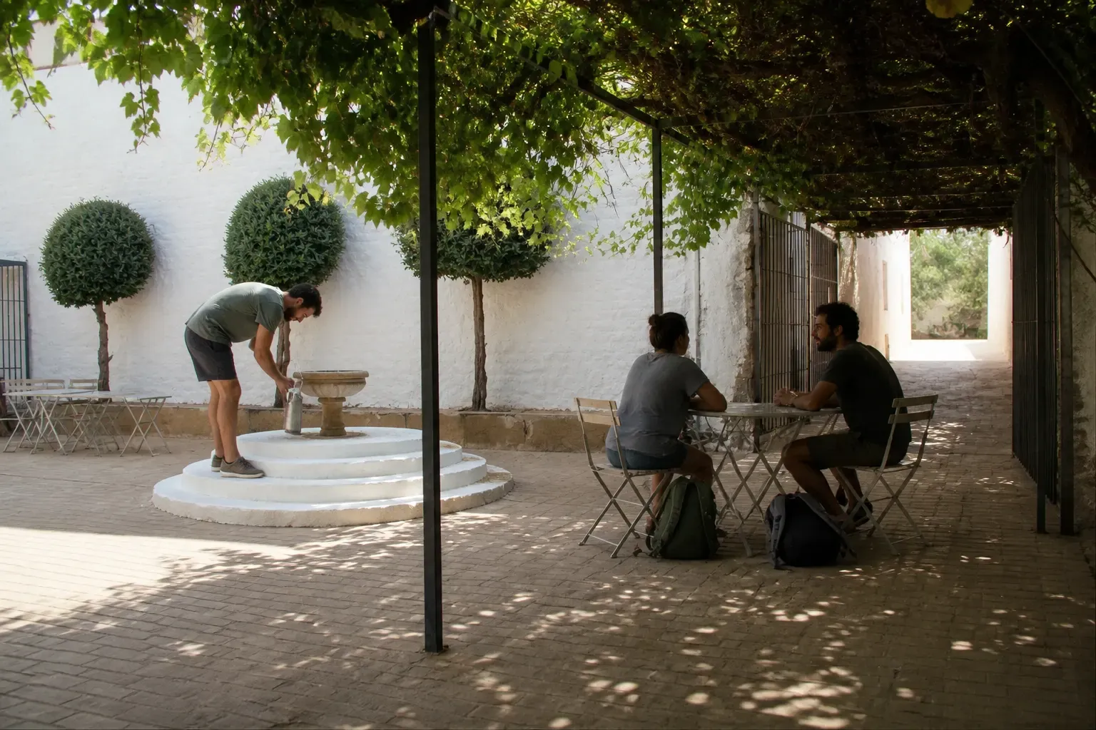El patio de la parra: agua, sombra y una mesa sin ceremonia.