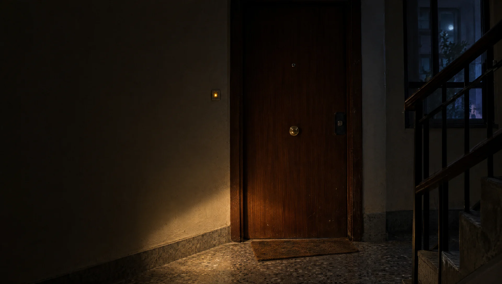 Rellano de un edificio de viviendas de noche: puerta de nogal cerrada con pomo central, mirilla y escudo de acero junto al marco; el pulsador de la luz de la escalera brilla en amarillo.