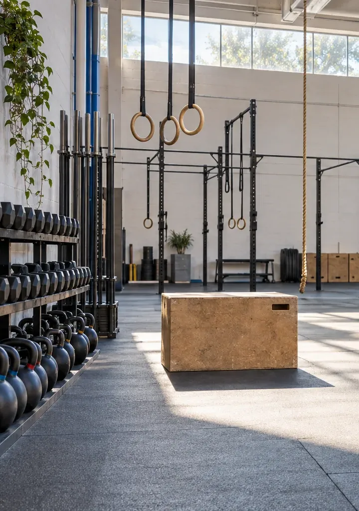 Estudio luminoso con anillas colgadas, estructuras de entrenamiento y un cajón de madera