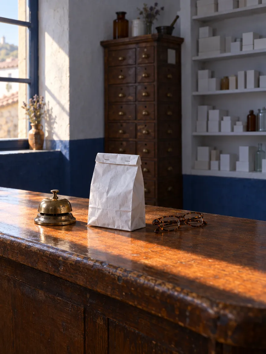 Mostrador de madera gastada con un timbre de latón, una bolsa de papel blanca grapada y unas gafas de leer; al fondo, una cajonera antigua con tiradores de latón