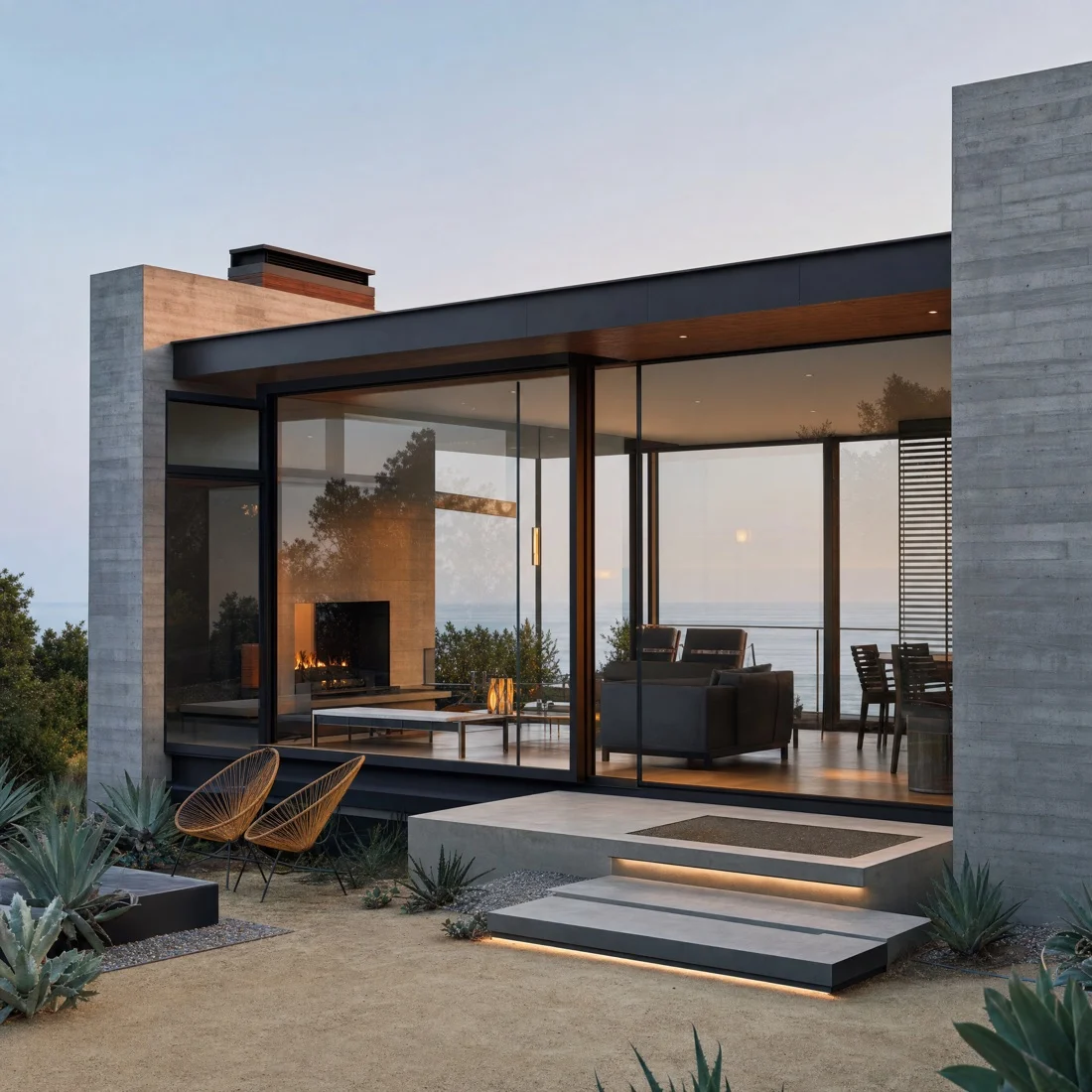 Casa de estructura ligera, porche de madera y cerramiento de vidrio