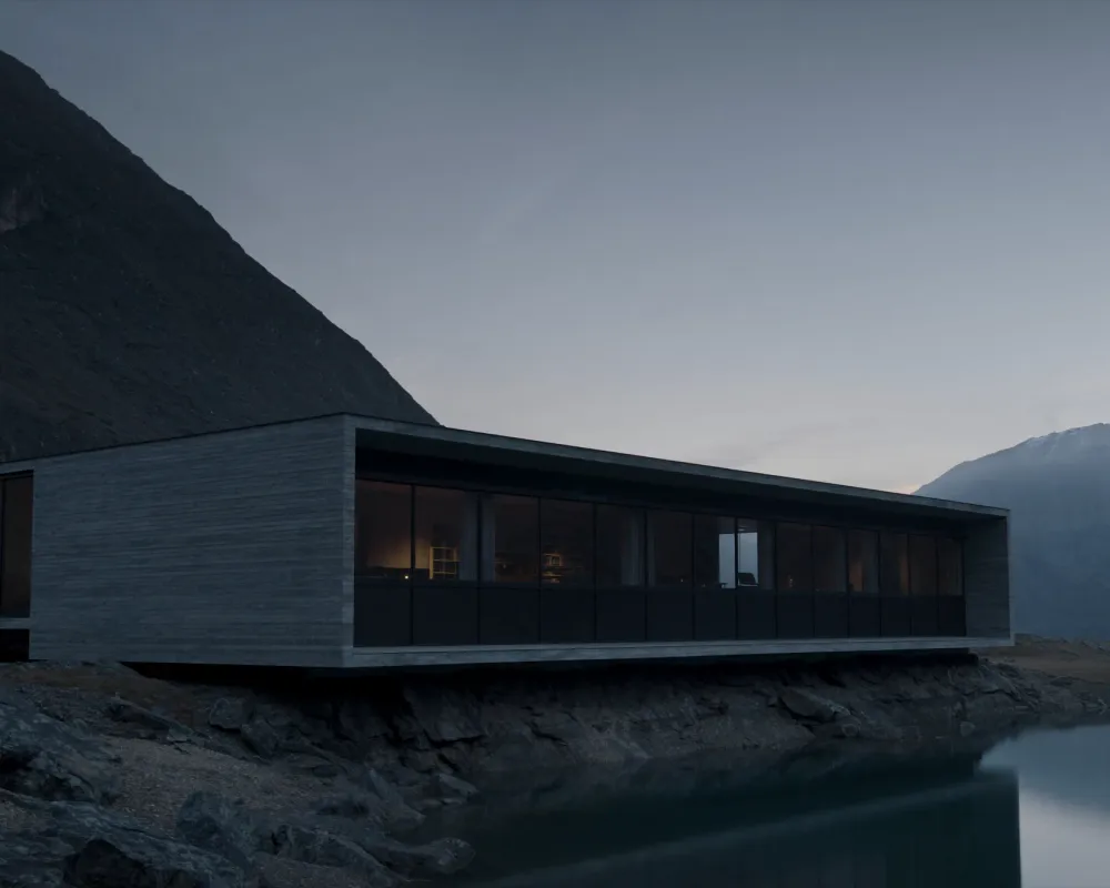 Casa horizontal integrada en el paisaje de un lago