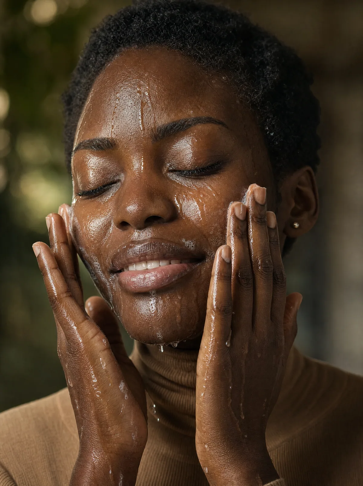 Persona lavándose el rostro con agua