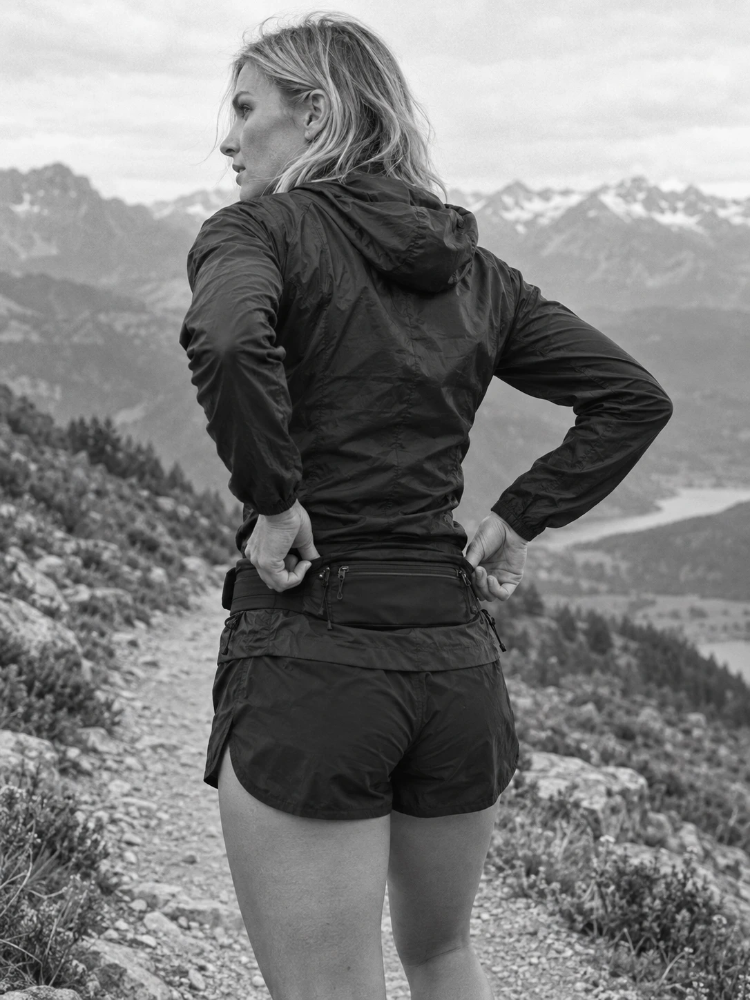 Corredora ajustando su cinturón de trail en la montaña