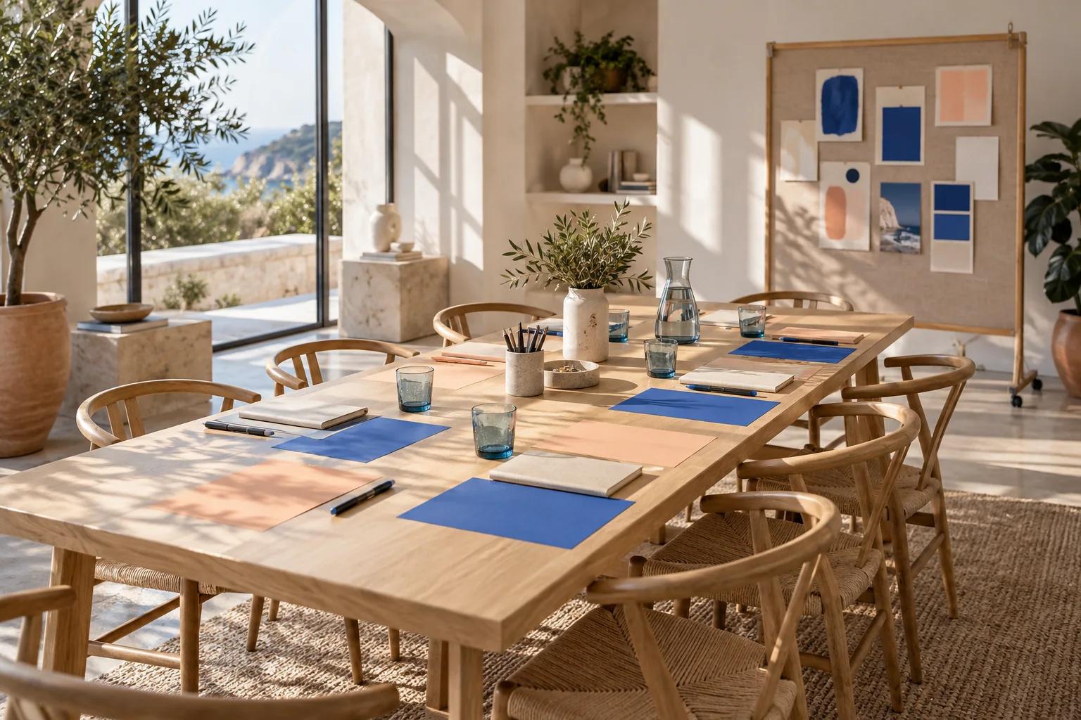 Mesa de taller con manteles cobalto y melón junto a un ventanal al mar