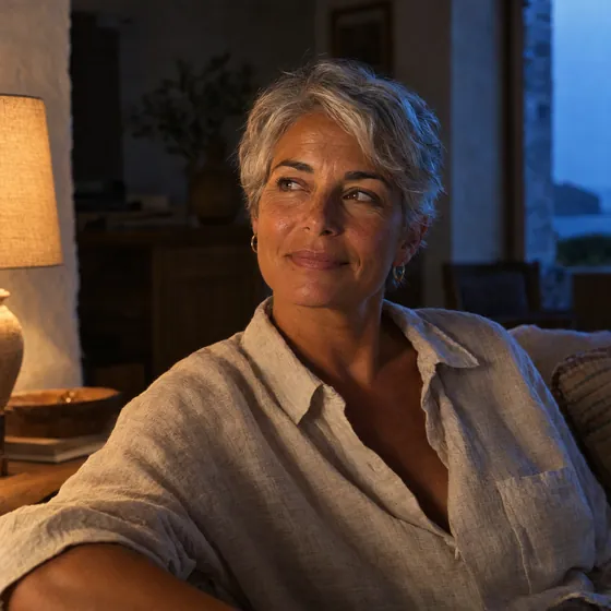 Retrato de Marta Oliver en su salón, con luz cálida de lámpara