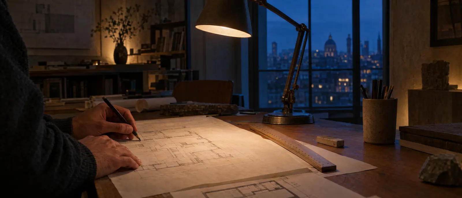 Manos de un arquitecto dibujando una planta a lápiz bajo la luz de un flexo