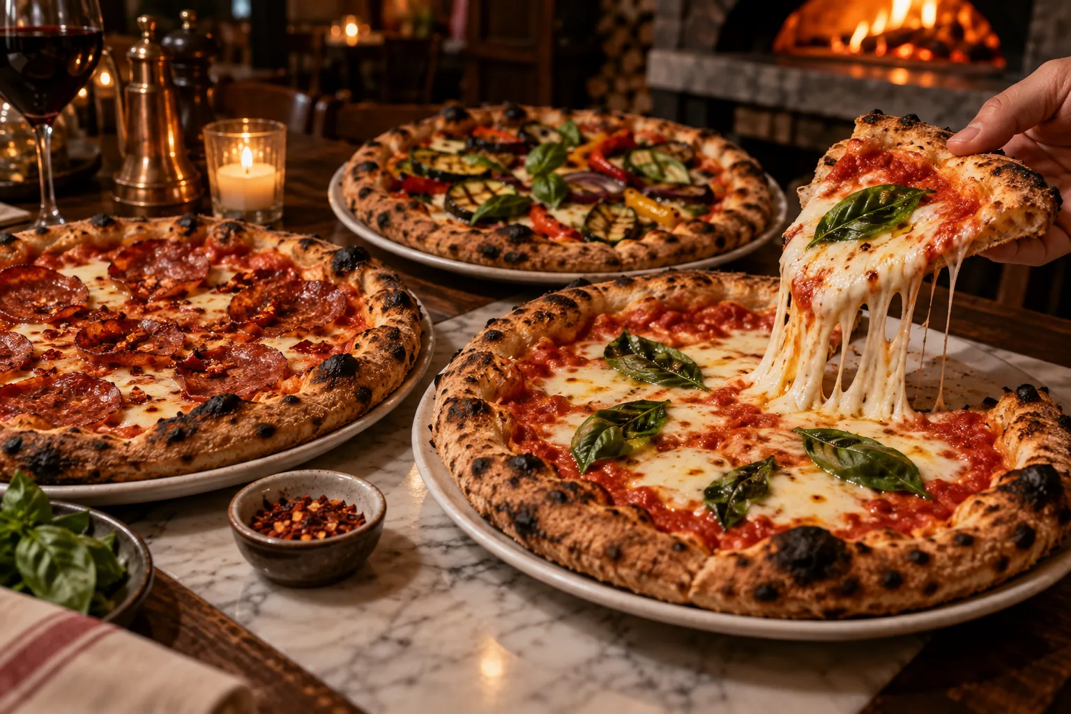 Varias pizzas artesanas compartidas en una mesa