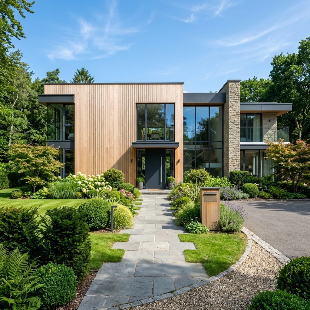 Casa contemporánea de madera con un frondoso jardín