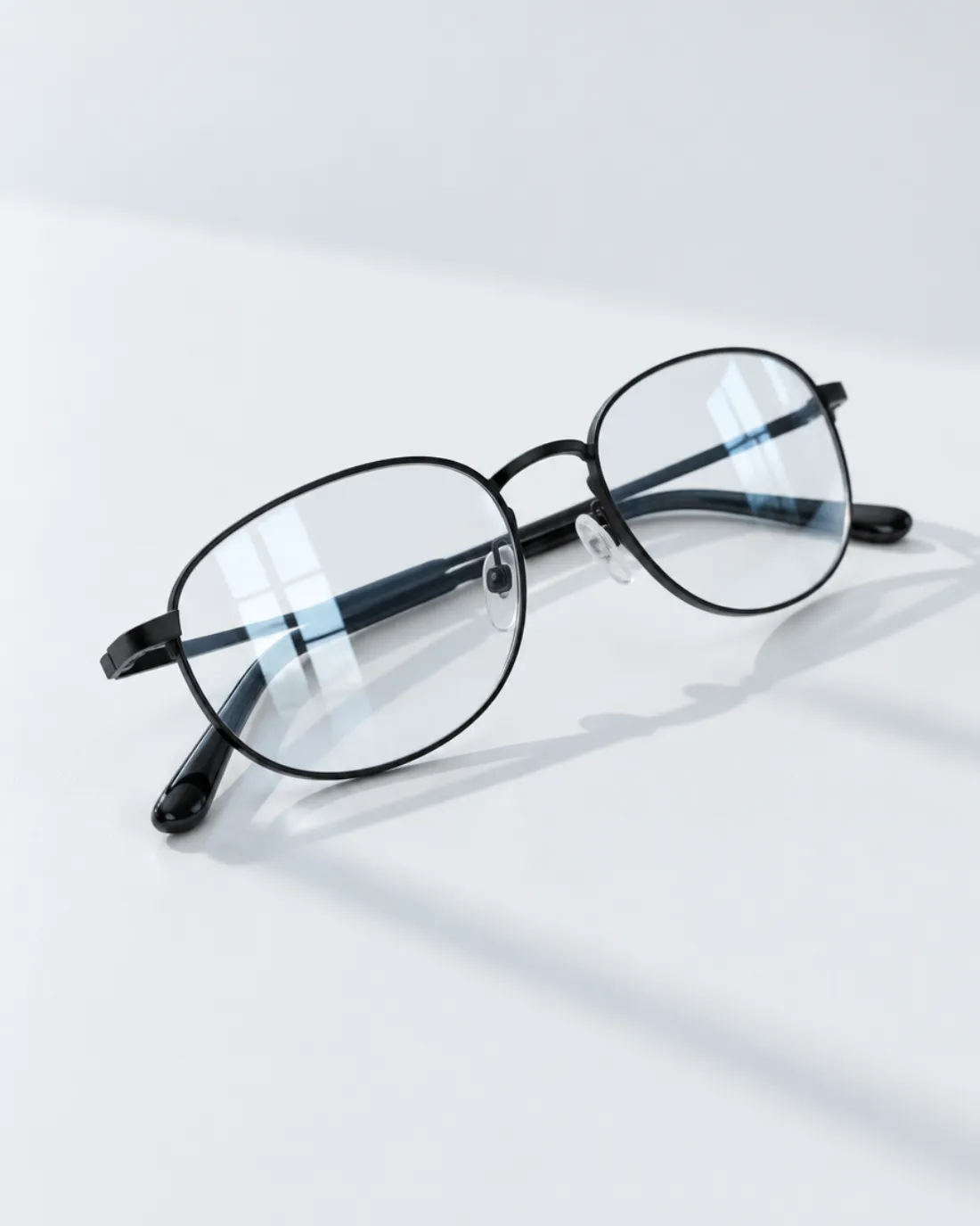 Gafas de metal negro fino plegadas sobre una mesa blanca; en los cristales se refleja una ventana