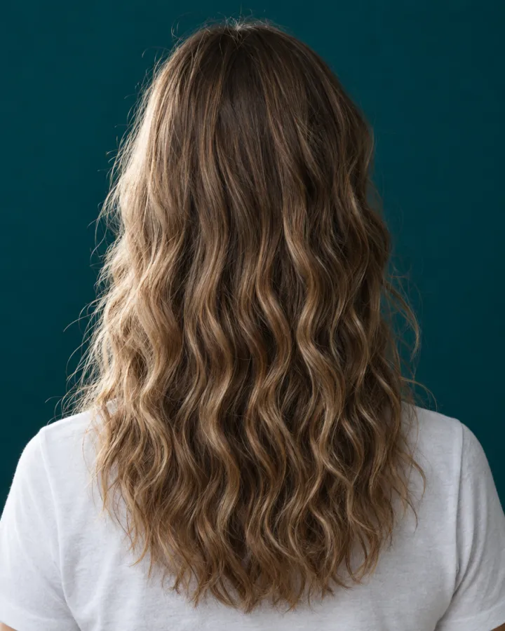 Melena larga con ondas sueltas, vista de espaldas sobre fondo teal