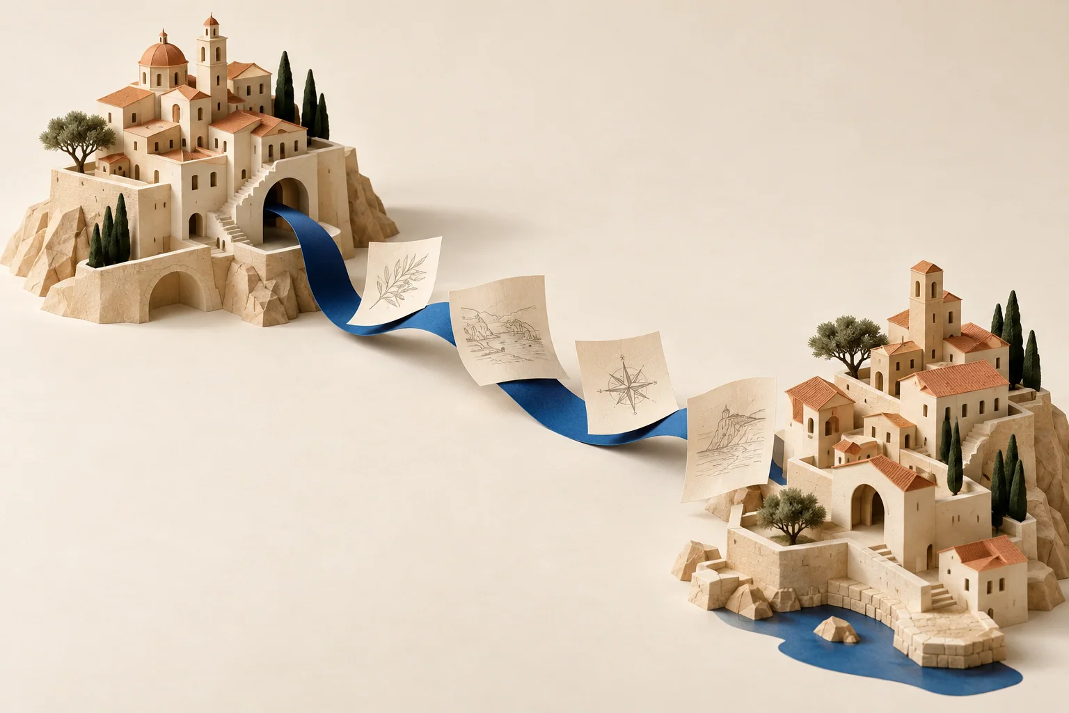 Ilustración de dos pueblos de piedra unidos por una cinta azul con hojas de papel dibujadas