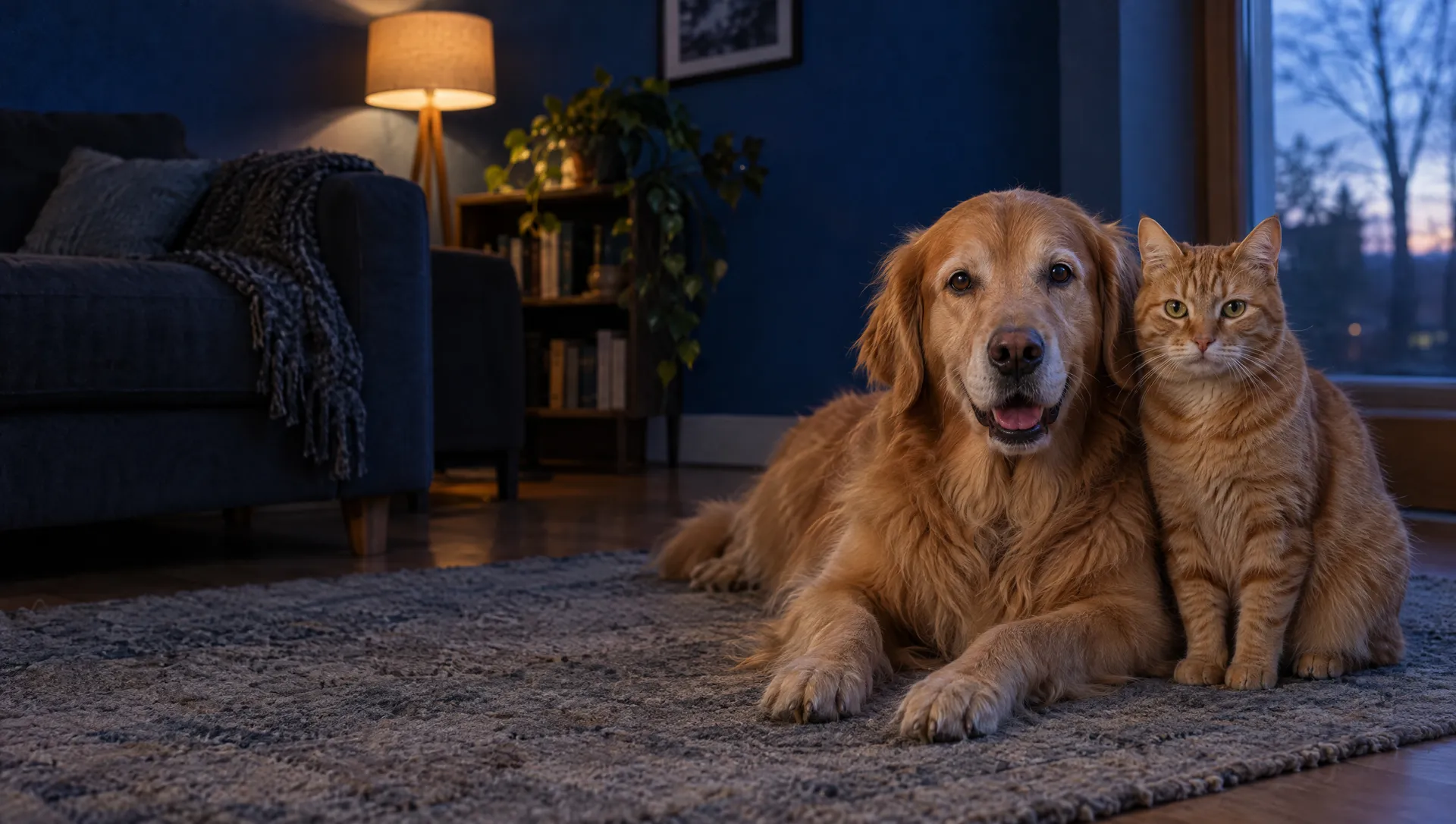 Un golden retriever tumbado en la alfombra del salón y un gato naranja sentado a su lado, al anochecer
