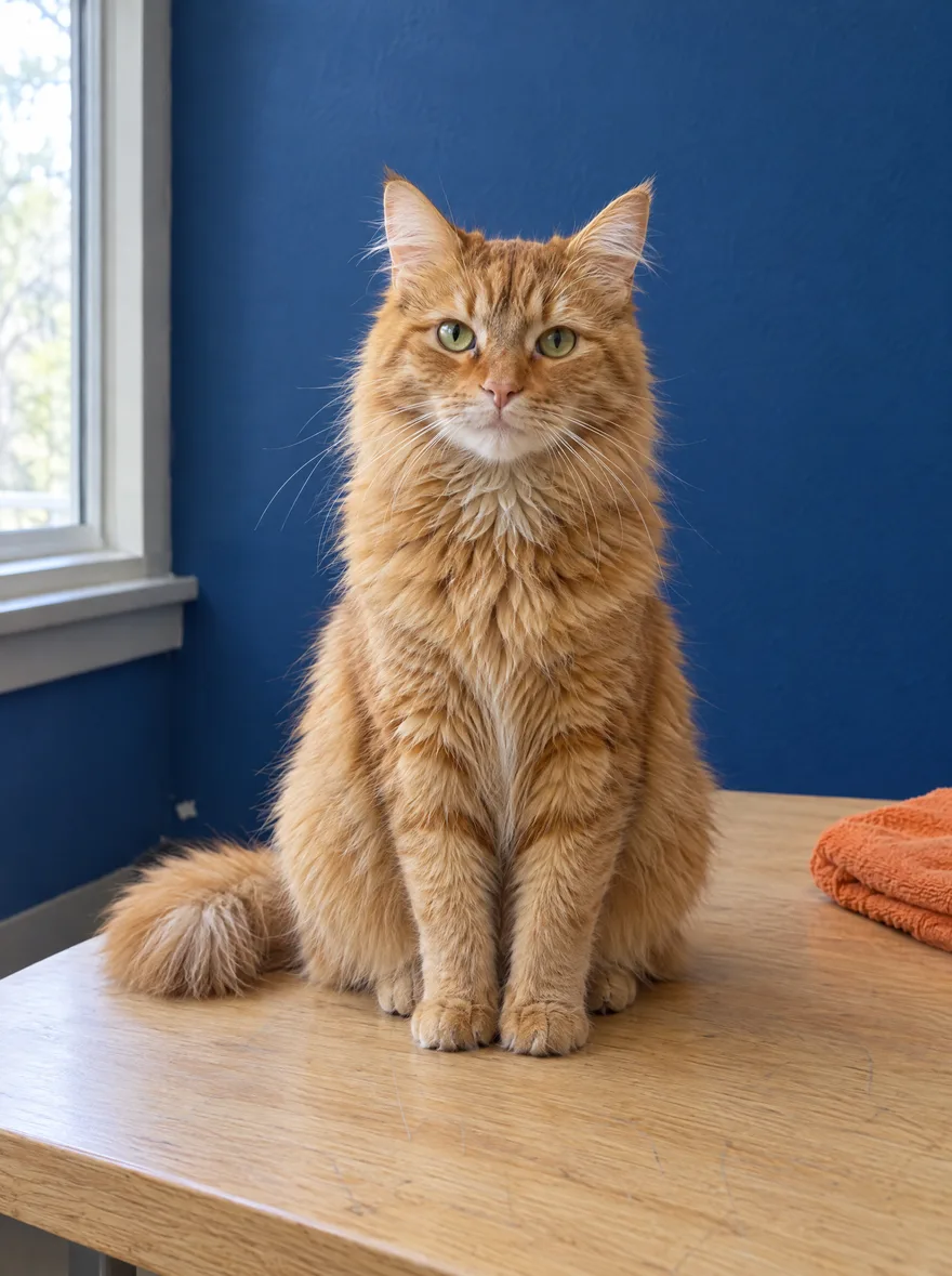 Un gato naranja de pelo largo sentado en la mesa de roble de una consulta, junto a una pared azul cobalto