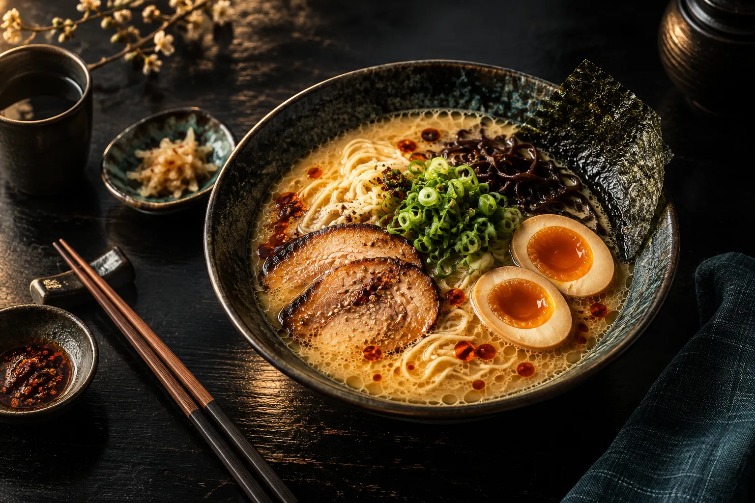 Detalle de huevo y fideos en un bol de ramen
