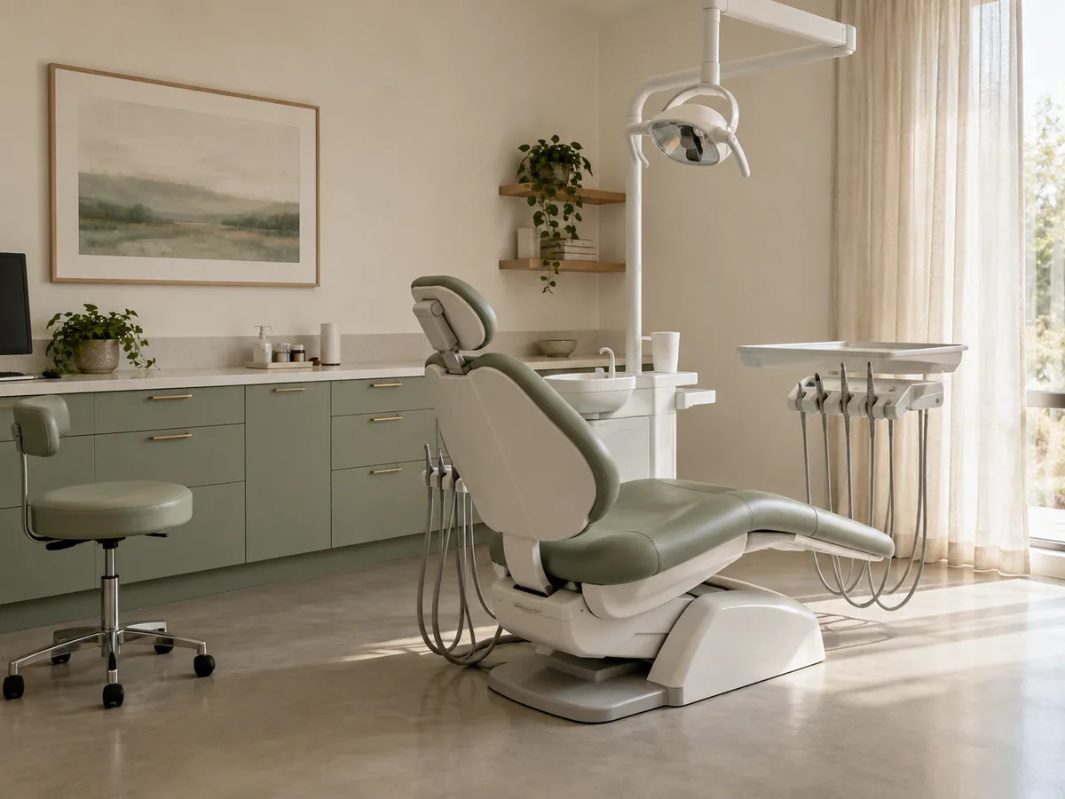 Consulta dental tranquila con tonos salvia