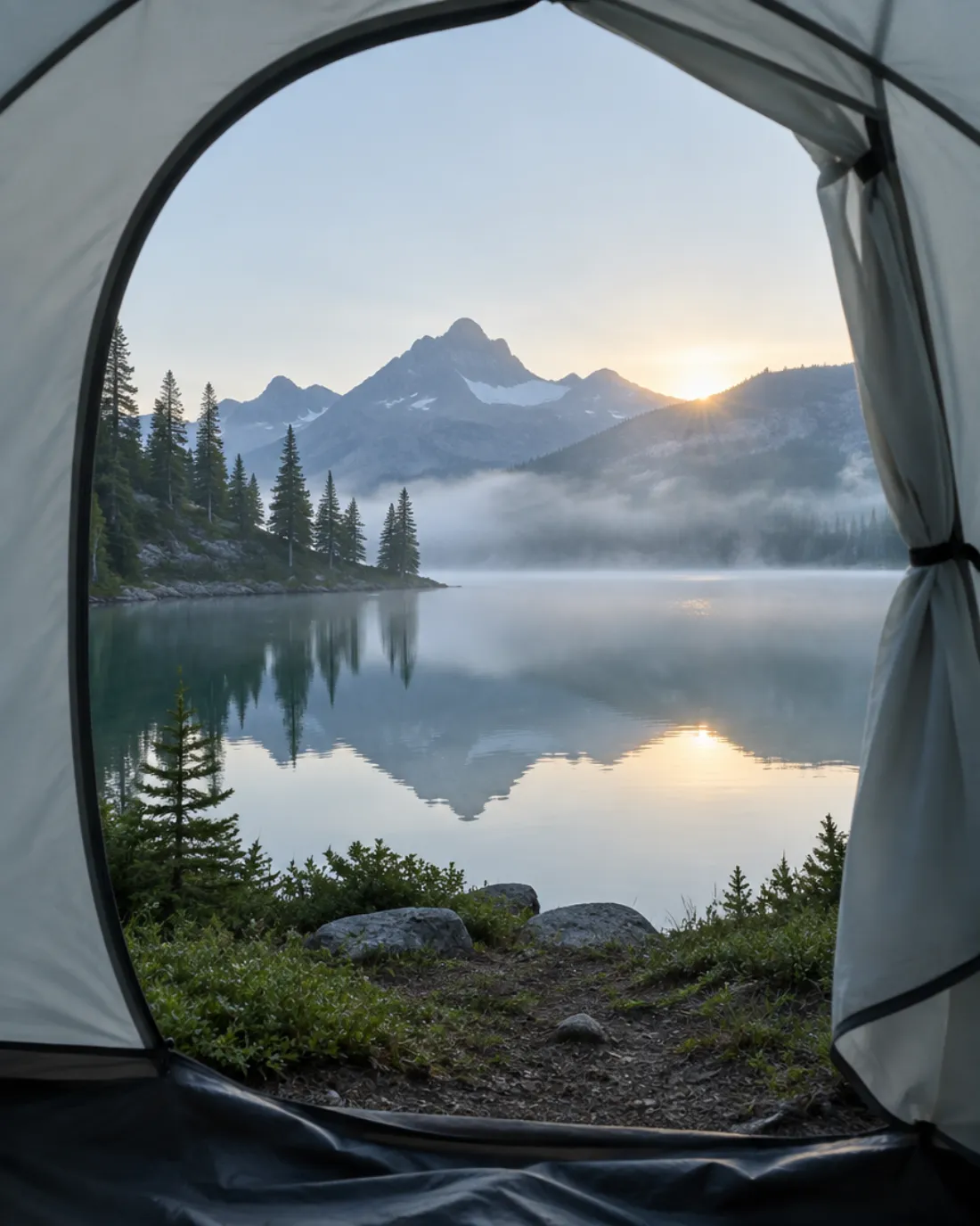Vista desde dentro de una tienda gris: un lago de montaña en calma al amanecer, con niebla y pinos en la orilla