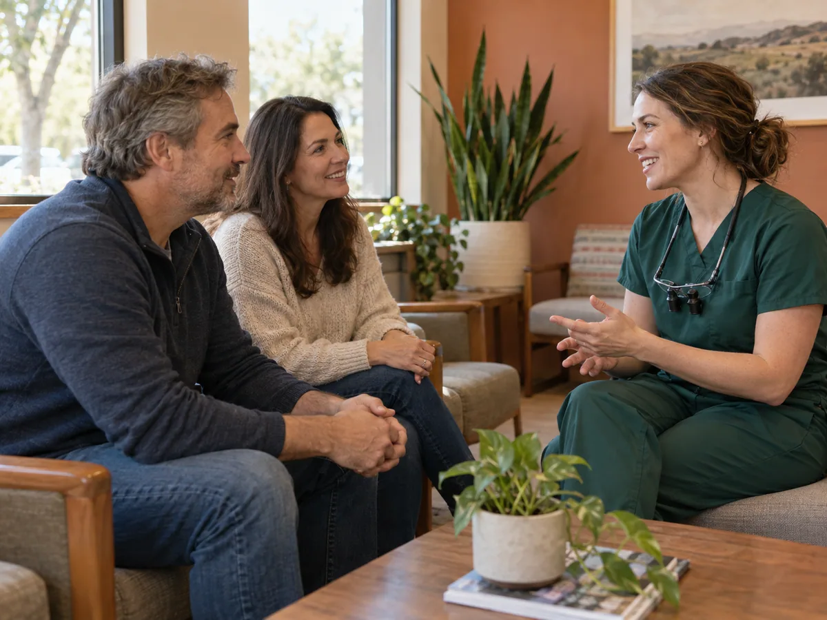 Una dentista conversa con una familia en la sala de espera de Raíza
