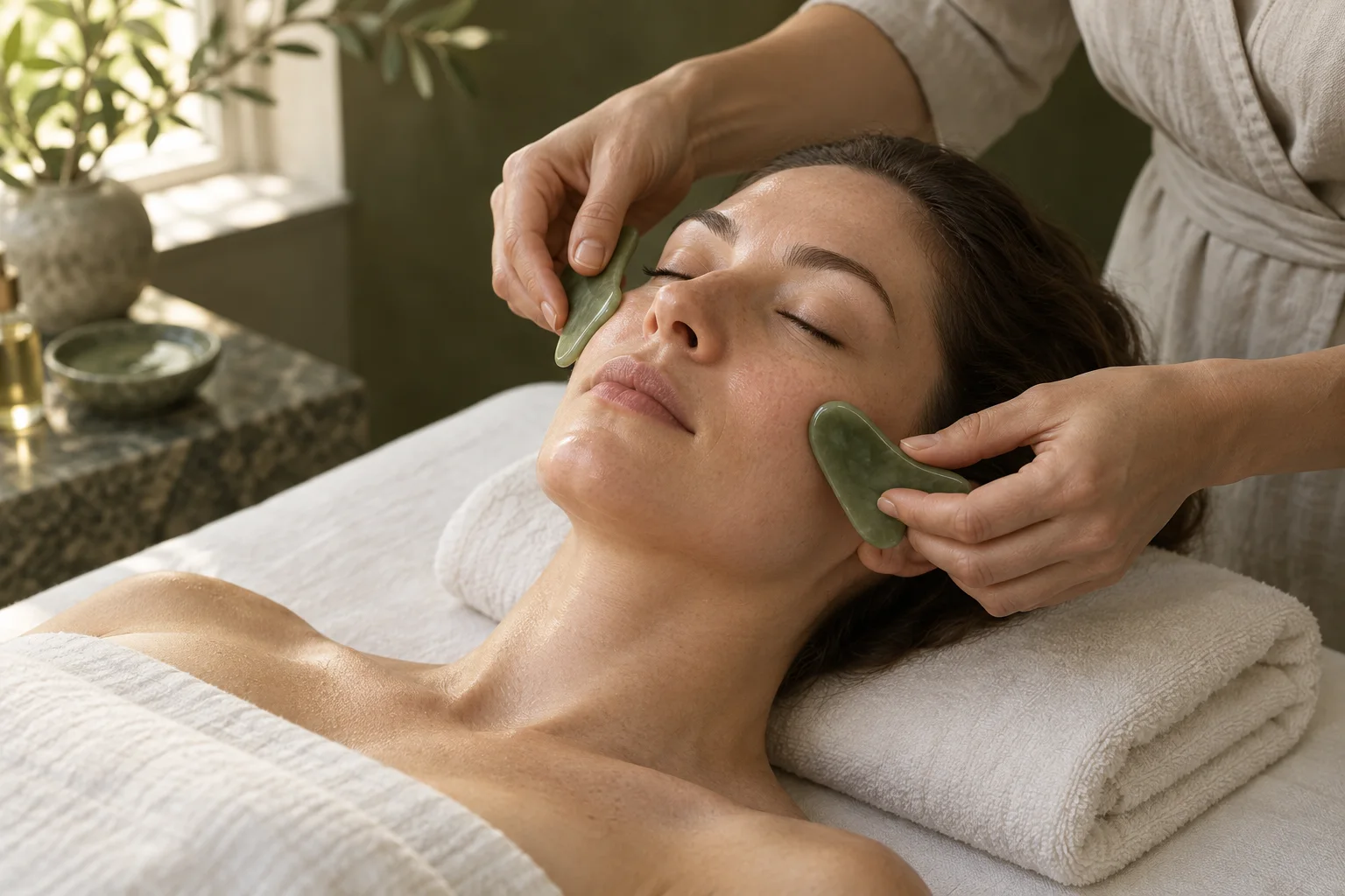 Cuidado facial con piedras de jade en un estudio de estética