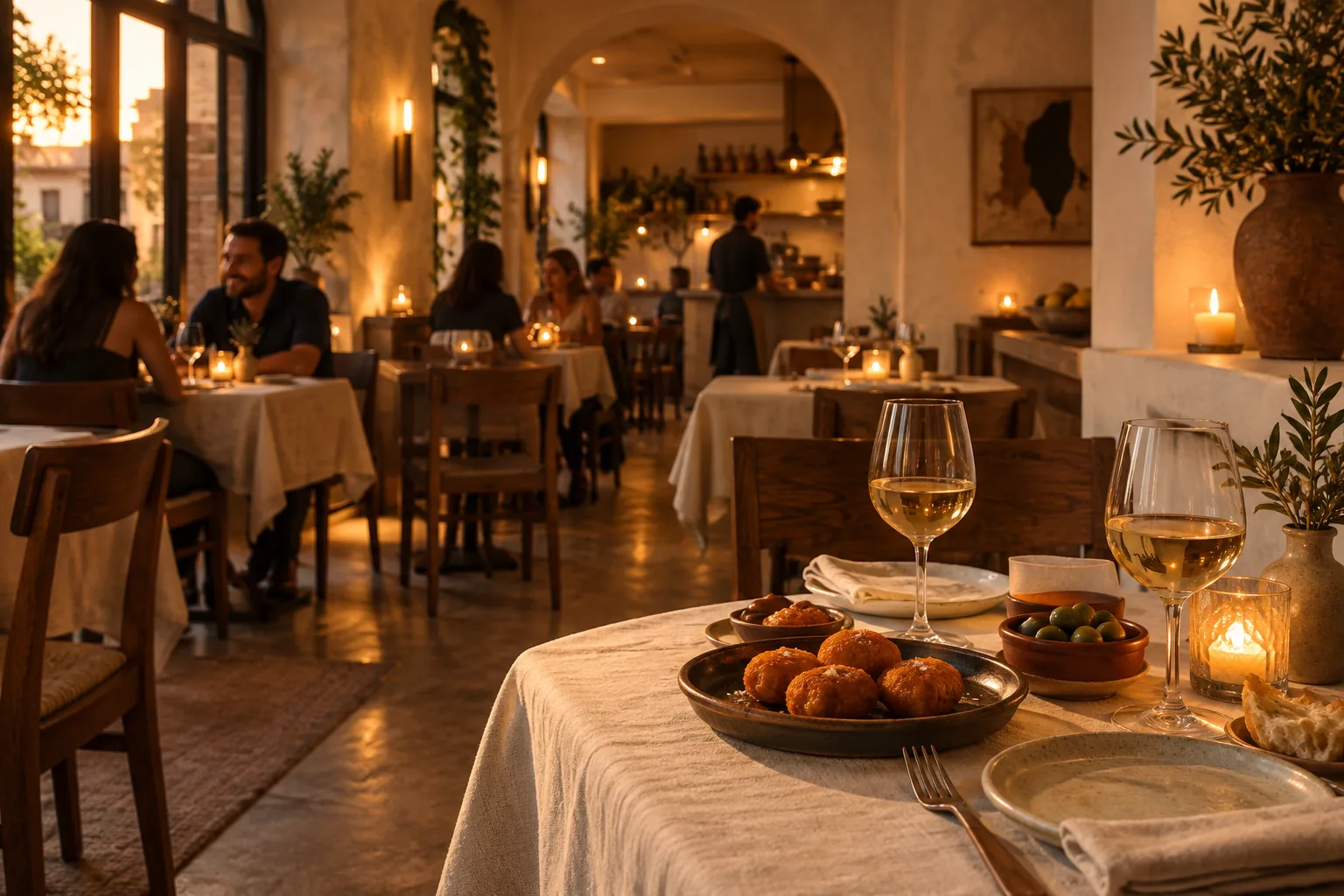 Interior cálido de restaurante con mesa preparada