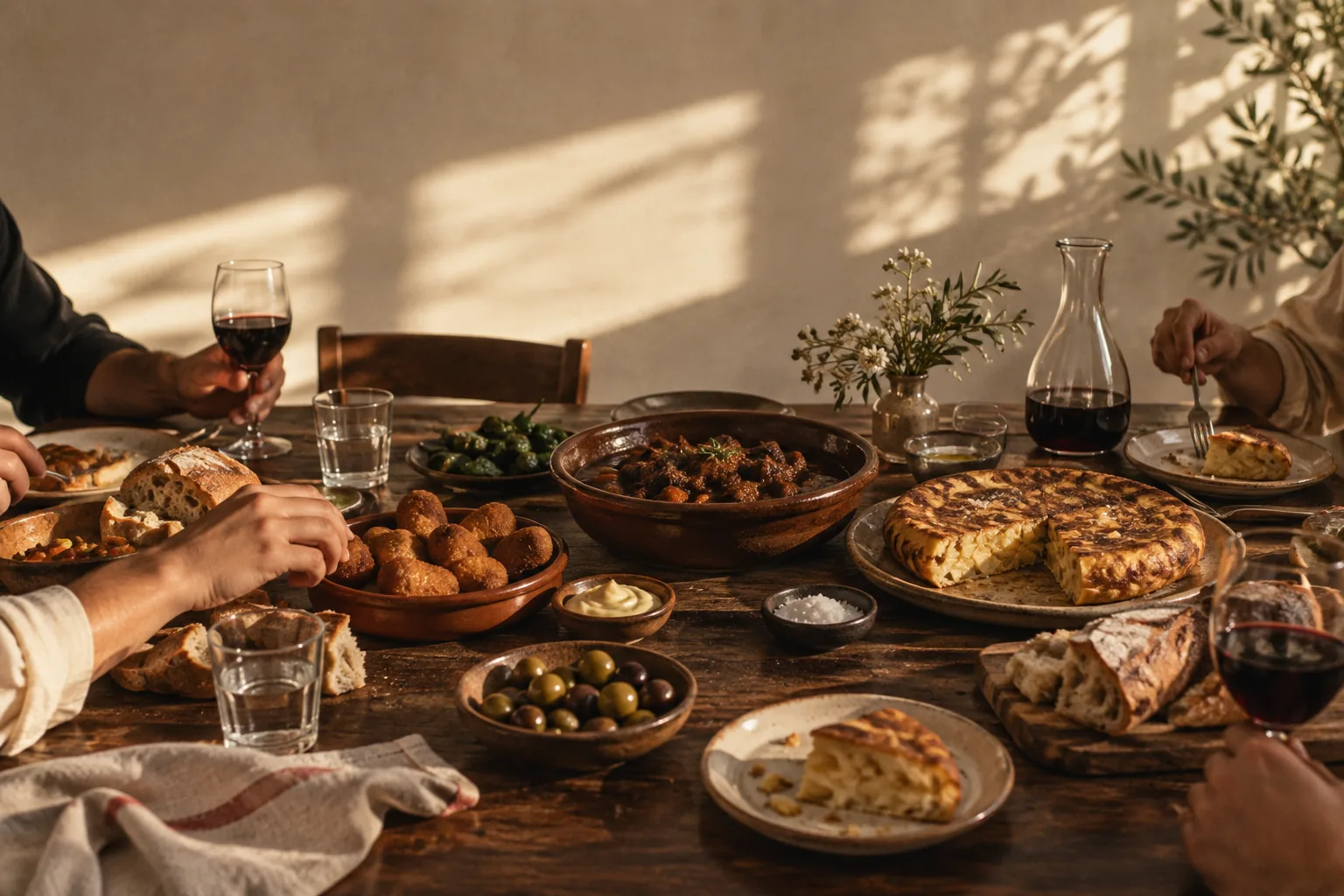Mesa compartida con platos tradicionales, pan y vino