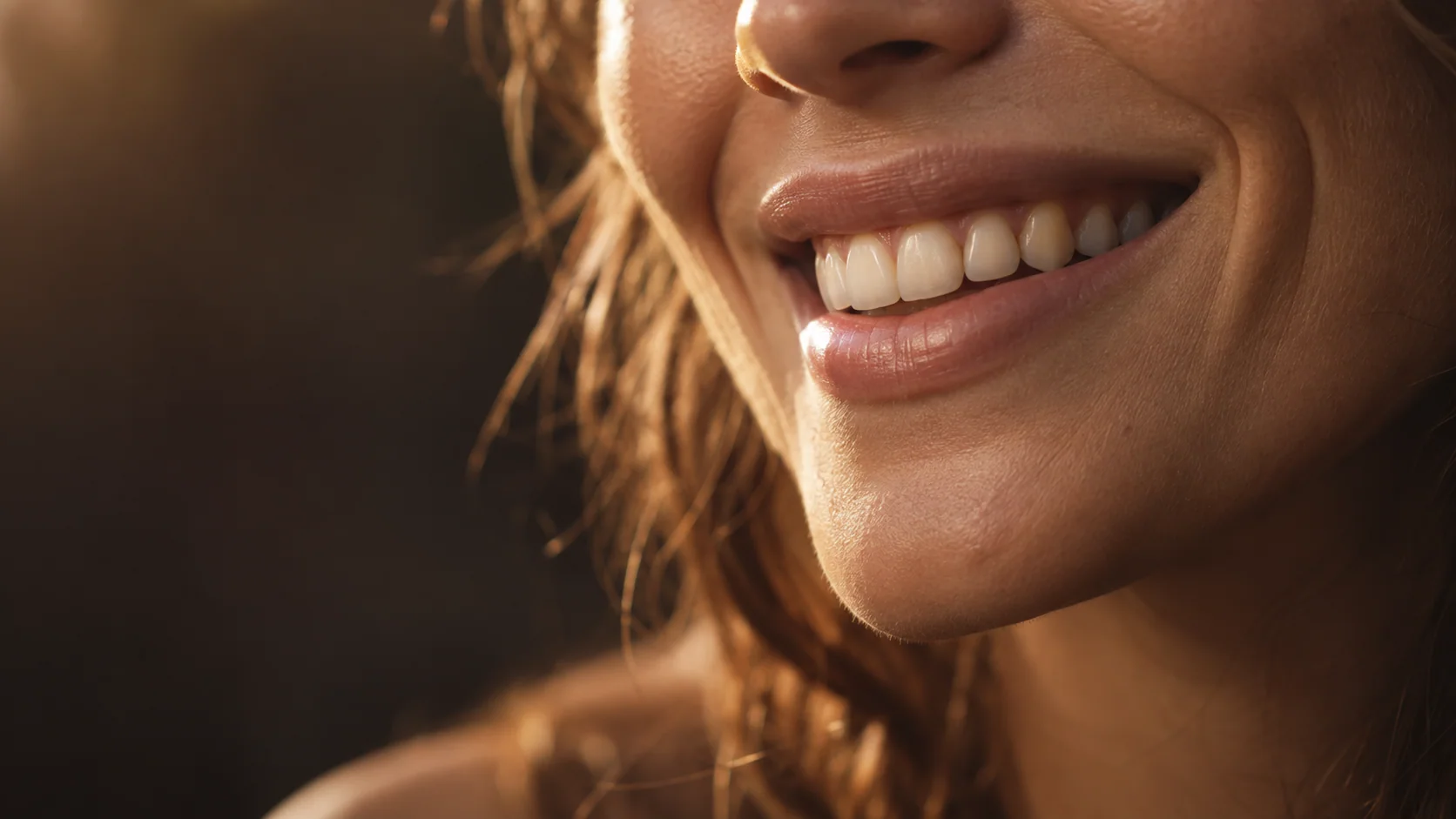 Primer plano editorial de una sonrisa natural con luz cálida