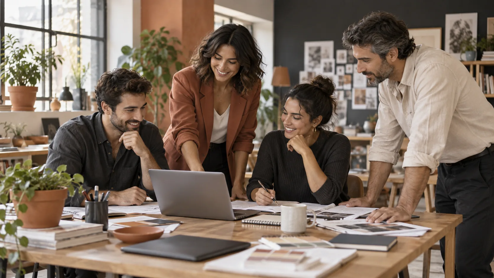 Equipo de emprendedores y asesores colaborando alrededor de un portátil en una oficina creativa